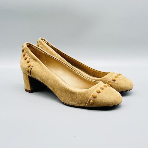 Tory Burch Shoes Womens 5.5 Beige Suede Pumps Colt Studded Round Toe Block Heels - Picture 2 of 11